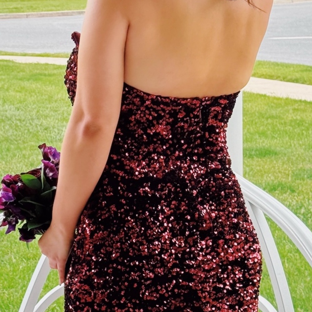 Burgundy sequin strapless dress w/ slit